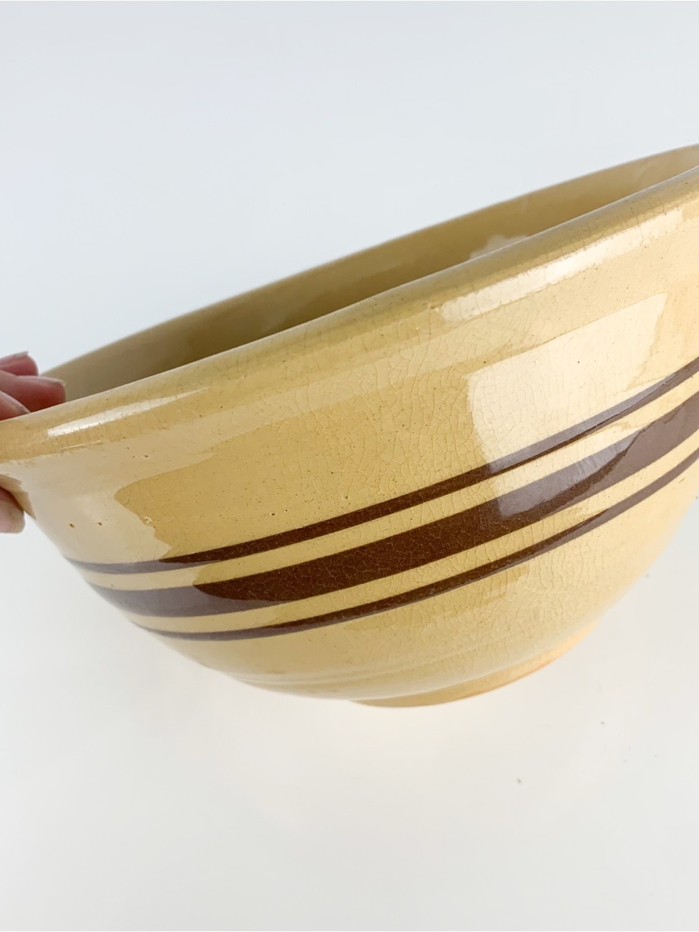 Vintage Weller Pottery Yellow Ware Brown Stripes 8.25” Mixing Dough Bowl Farm